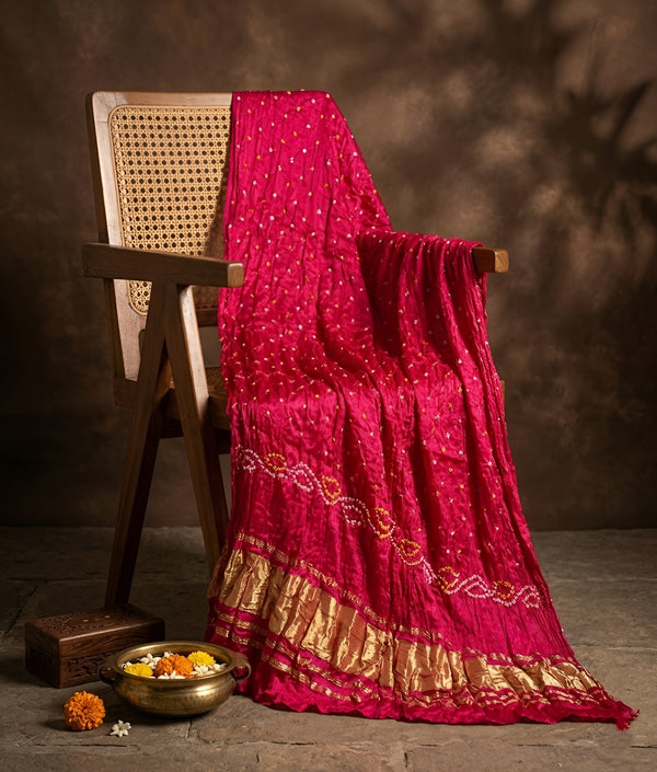 Luxurious Gajji Silk Pink Dupatta with Bandhani Dots & Zari Border