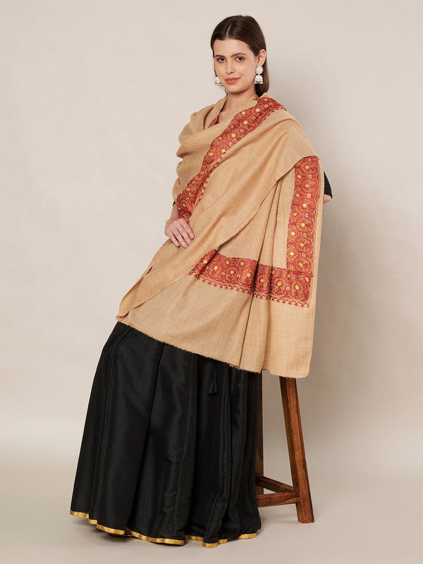 Beige Woolen Women Shawl with Traditional Embroidered Border (80 x 40 Inches)