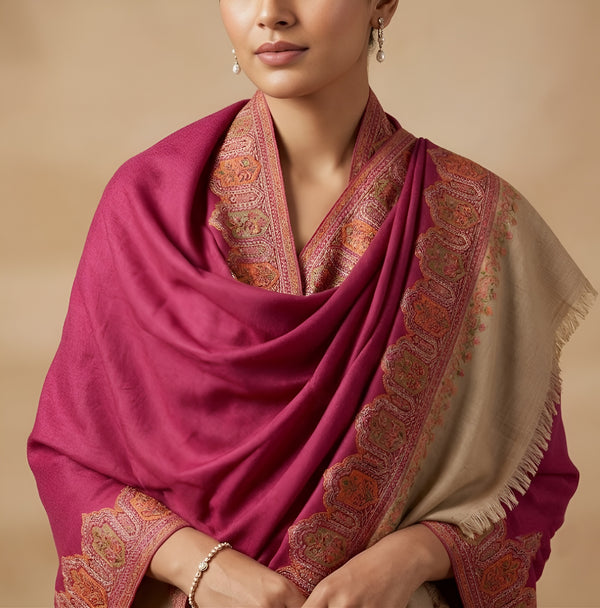 Naqsh-e-Kashmir Woven Kani Jacquard Wine Shawl with Solid Panel & Traditional Border