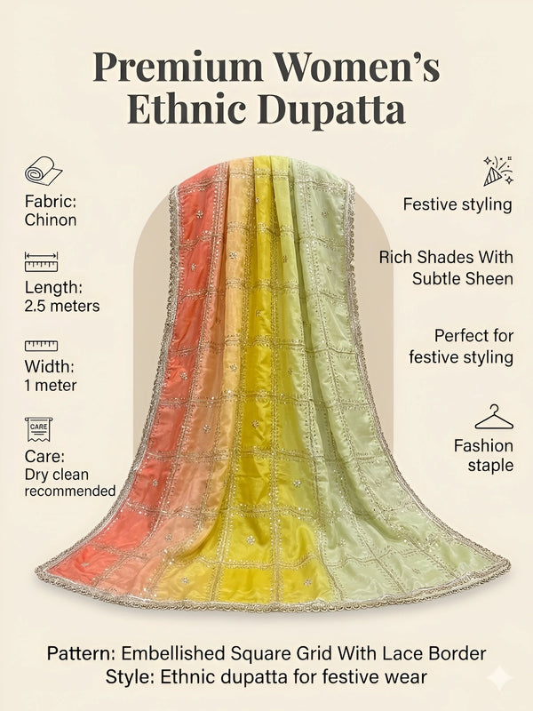 Luxe Chinon Womens Yellow Dupatta – Embellished Grid Work with Lace Border