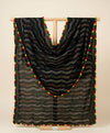 Black Nazneen Chiffon Dupatta with Multicolor Stripes & Pom Pom Border