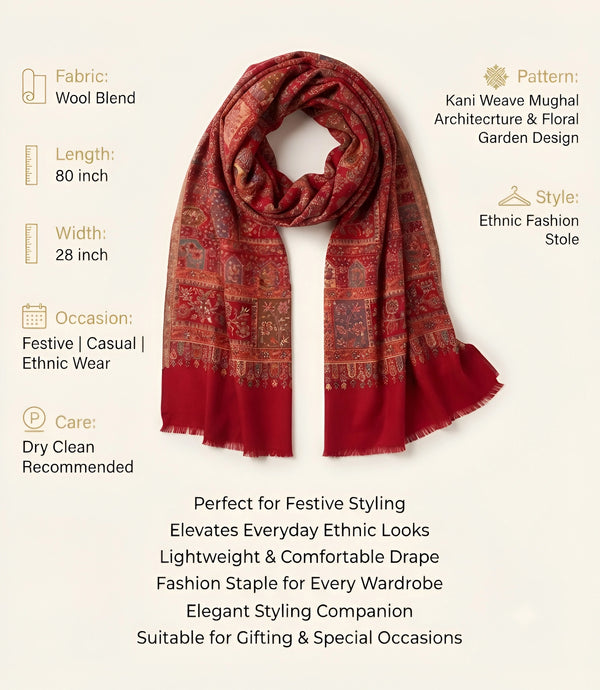 Noble Kani Weave Mughal Architecture & Floral Garden Wool Blend Red Stole