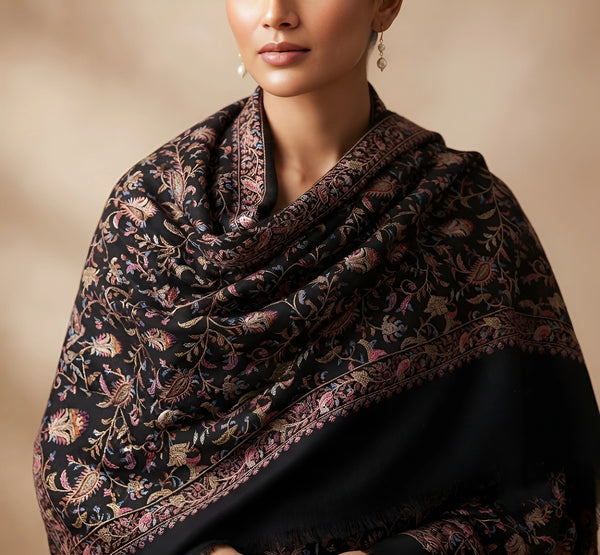 Naqsh-e-Kashmir Inspired Jamawar Floral Paisley Vine Wool Blend Blue Shawl