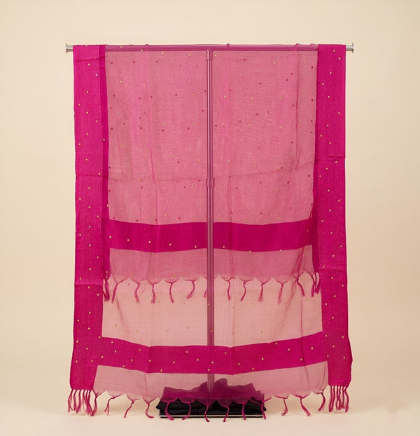 Pink Organza Dupatta with Golden Beads Work & Tassel Border
