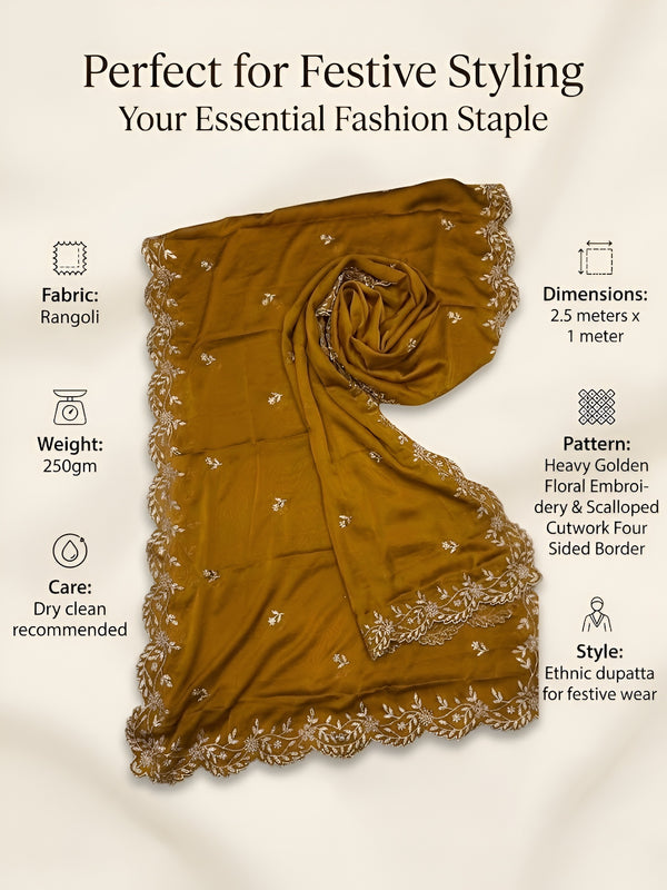 Luxe Rangoli Women Gold Dupatta with 4 Side Scalloped Embroidered Border & Buti Embellishment