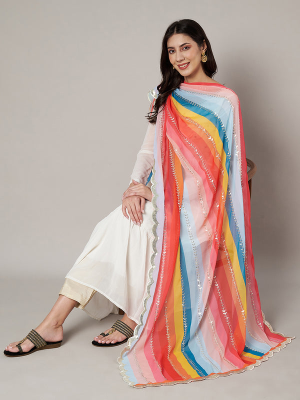 Multicolour Striped Georgette Dupatta with Gota Lace Border (Size: 2.5x1 m Approx)