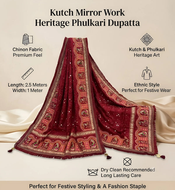 Heritage Kutch & Phulkari Heritage Art Mirror Work Embroidered Maroon Mens Dupatta with Ornate Border