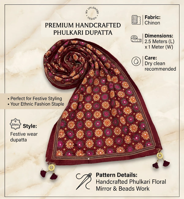 Luxe Handcrafted Chinon Phulkari Floral Mirror & Beads Work Maroon Dupatta