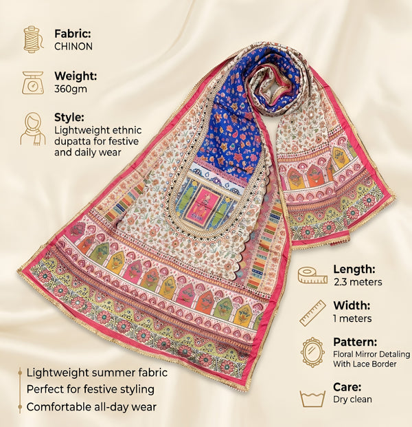 Chinon Floral Mirror Work Women Multicolor Dupatta with Designer Printed Panels & Lace Border