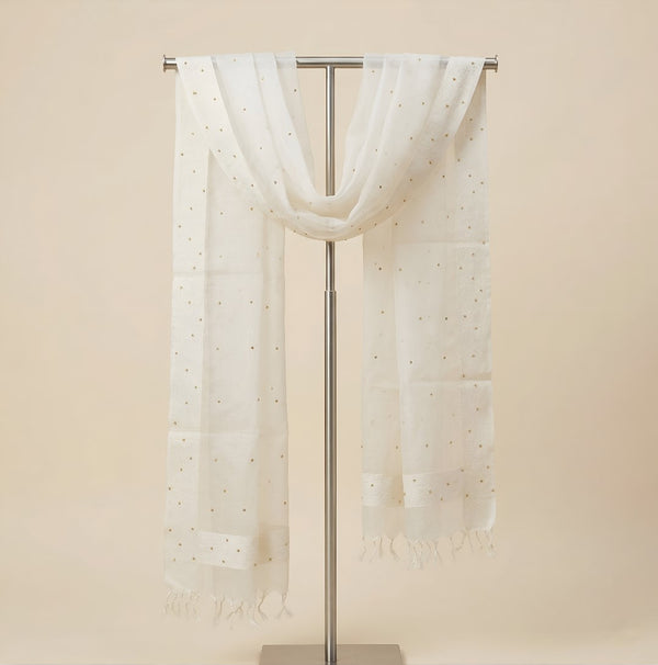 White Organza Dupatta with Golden Beads Work & Tassel Border