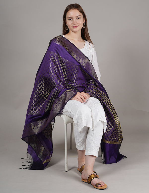 Purple Banarasi Silk Dupatta with Gold Zari Buti & Ornate Border (Size: 2.5x1 m Approx)