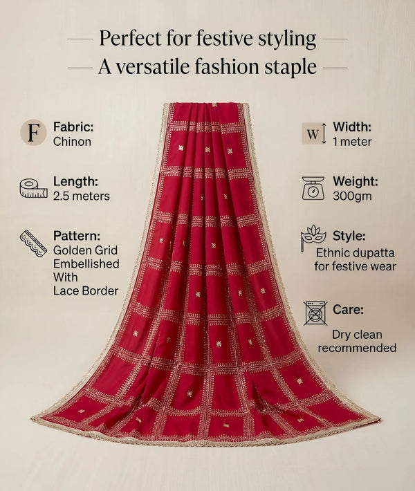 Chinon Dupatta with Gold Grid Embellishment