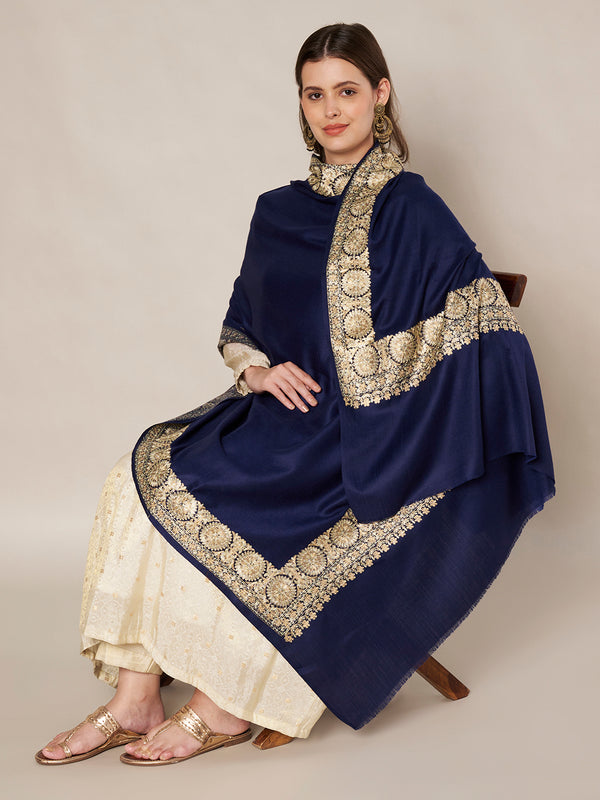 Navy Blue Woolen Women Shawl with Gold Border – 80x40 Inches