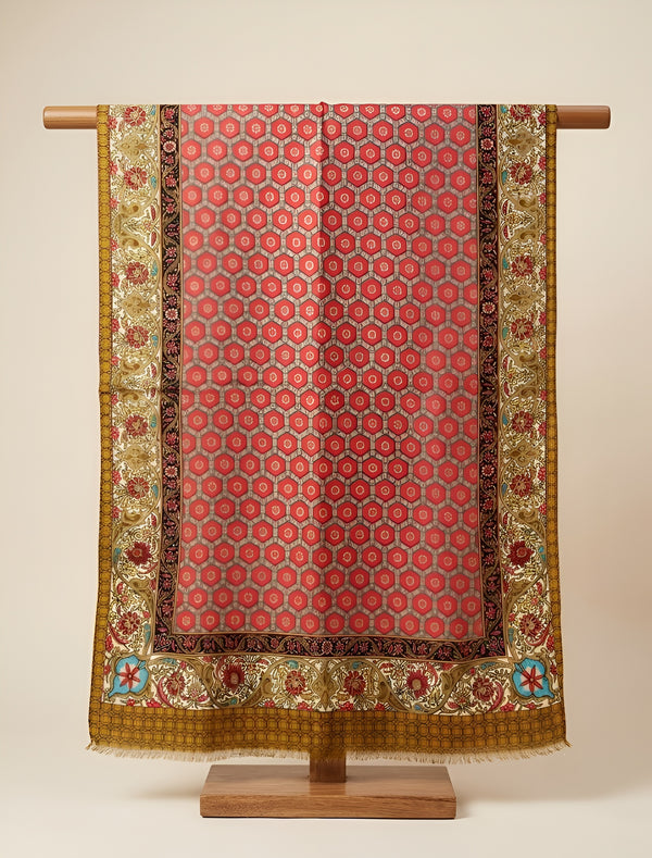Signature Bamboo Silk PrintedStole | Heritage Floral Border & Geometric Motif Print