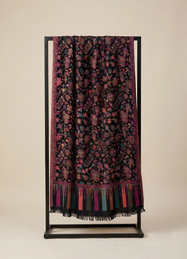 Noble Kani Weave Floral Wool Blend Black Stole