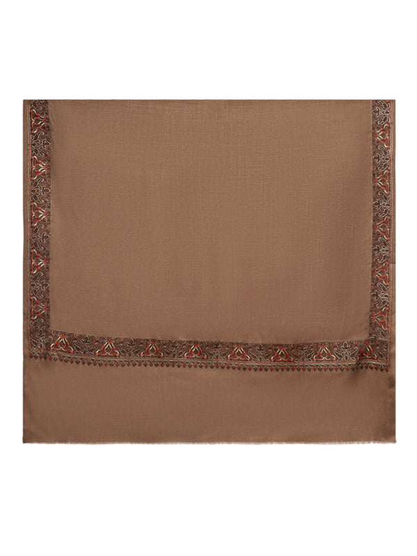 Brown Woolen Mens Shawl with Traditional Multicolour Embroidered Border (80 x 40 Inches)