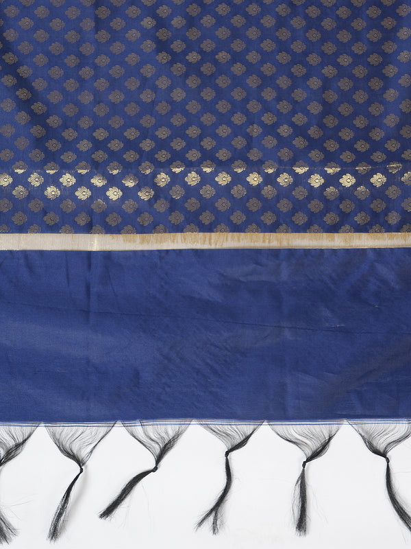 Blue Banarasi Silk Dupatta with Woven Gold Zari Butti & Ornate Border (Size: 2.5x1 m Approx)