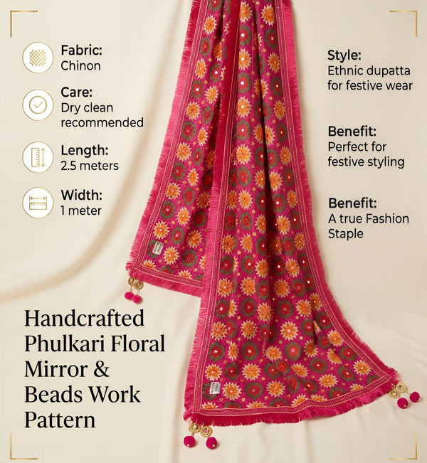 Luxe Handcrafted Chinon Phulkari Floral Mirror & Beads Work Pink Dupatta
