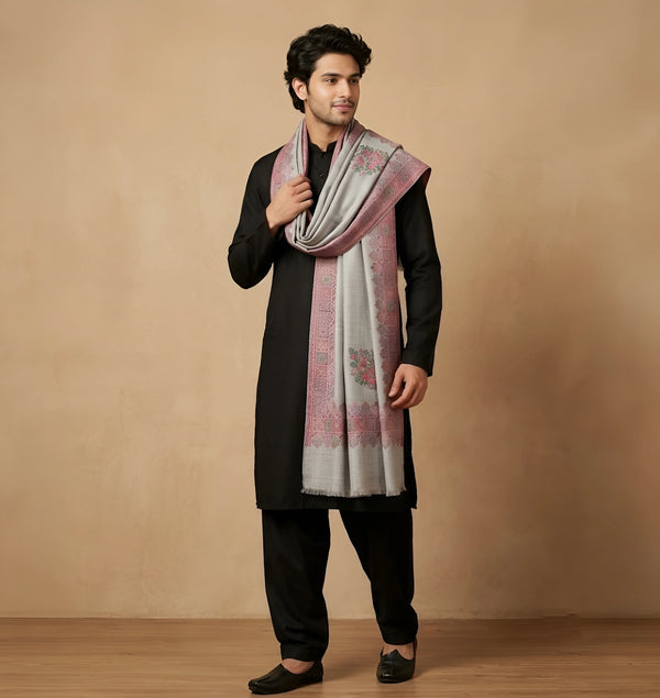 Mir-e-Khas Men's Kashmir-Inspired Kani Paisley & Geometric Border Wool Blend Grey Shawl