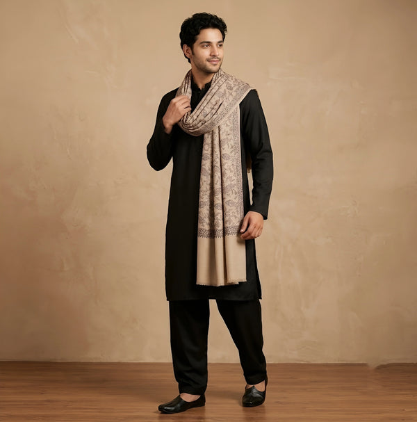 Mir-e-Khas Men's Kashmir-Inspired Jamawar Floral Paisley Vine Beige Shawl