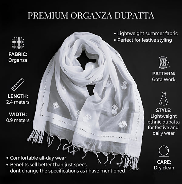 White Organza Dupatta with Mirror Flower Embroidery & Cutwork Border