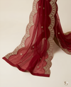 Red Twill Net Mens Dupatta – Scalloped Cutwork Border with Buti Work