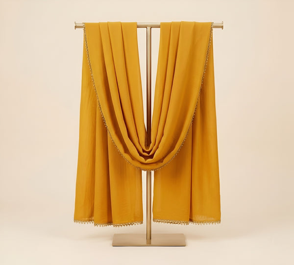 Nazneen Chiffon Mens Dupatta – Solid Yellow with Elegant Lace Border