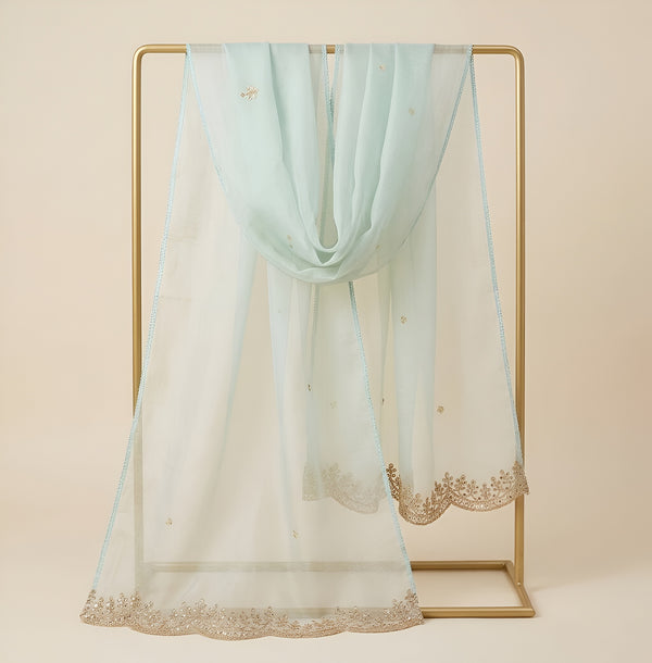 White Organza Mens Dupatta – Scalloped Cutwork Border with Buti Work