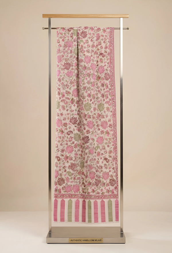 Regal Kani Weave Floral Wool Blend White Stole | Kashmiri Inspired