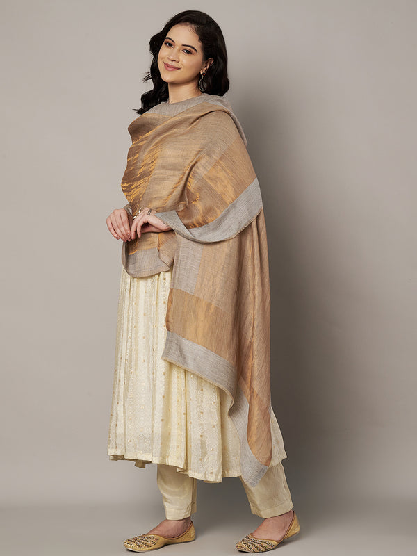 Reversible Wool Grey Women Stole with Moonlight Zari Border | Elegant Winter Wrap | 80 × 28 Inches