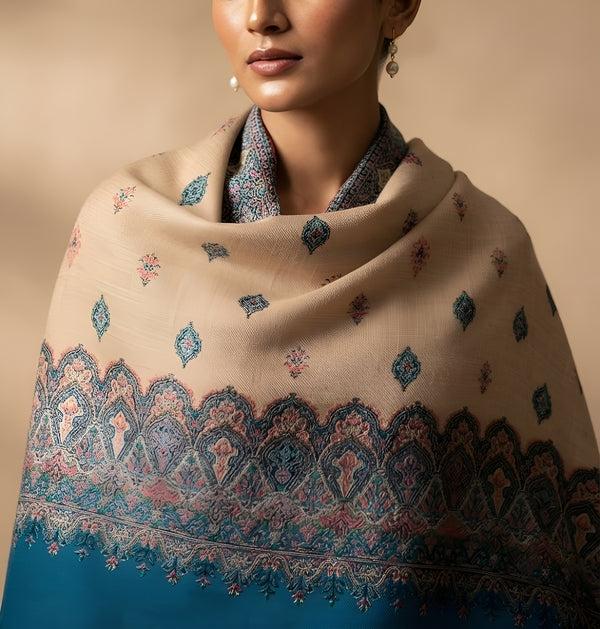 Naqsh-e-Kashmir Woven Kani Jacquard Blue Shawl with All-Over Buttis & Solid Panel