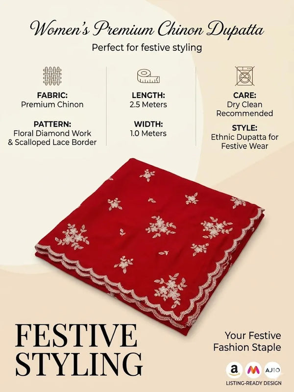 Luxe Chinon Womens Red Dupatta with Floral Diamond Work & Lace Border