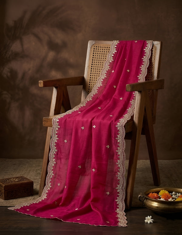Luxe Fendi Women Pink Dupatta with 2 Side Scalloped Border, Mirror Detailing & Buti Embellishment