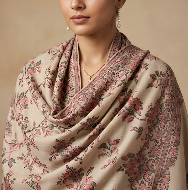 Naqsh-e-Kashmir All-Over Floral Woven Kani Jacquard Wool Blend Beige Shawl