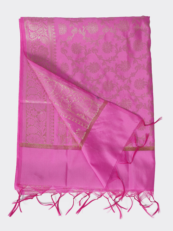 Pink Banarasi Silk Dupatta with All-Over Woven Floral Motifs & Rich Zari Border (Size: 2.5x1 m Approx)