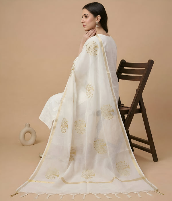 Elegant White Cotton Zari Buta Dupatta | Lightweight Ethnic Drape