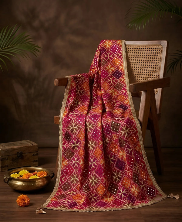 Luxe Phulkari Chinon Mirror Work Embroidered Pink Dupatta with Elegant Lace Border