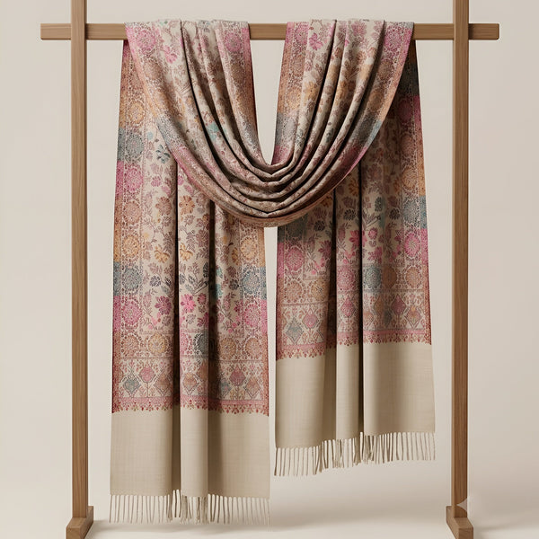 Regal Floral & Paisley Kani Weave Wool Blend Beige Stole