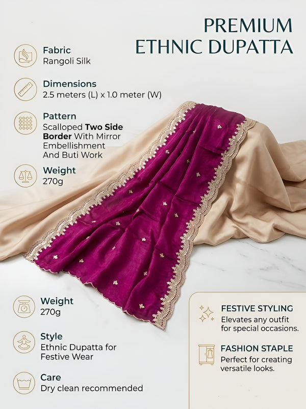 Luxe Fendi Women Purple Dupatta with 2 Side Scalloped Border, Mirror Detailing & Buti Embellishment