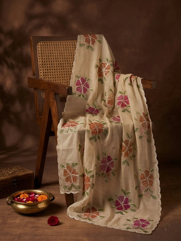 Luxe Organza Womens Beige Dupatta with Floral Brush Print Embellishment
