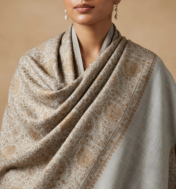 Naqsh-e-Kashmir Sozni Jaal Embroidered Grey Shawl | Traditional Kashmiri Wool Blend