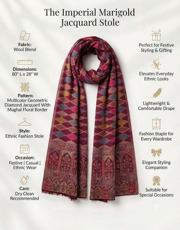 Signature Geometric Diamond Jacquard with Mughal Floral Border Wool Blend Wine Stole