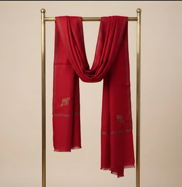 Regal Woven Border Accent Corner Wool Blend Red Stole| Kashmiri Inspired