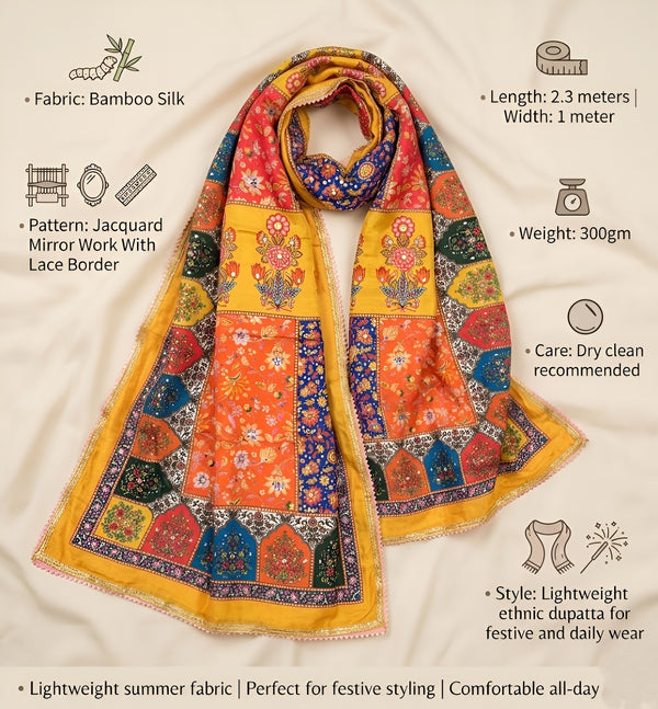 Chinon Floral Mirror Work Women Multicolor Dupatta with Designer Printed Panels & Lace Border