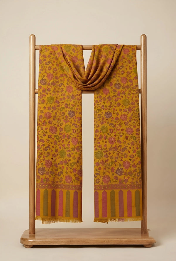 Regal Kani Weave Floral Wool Blend Yellow Stole | Kashmiri Inspired
