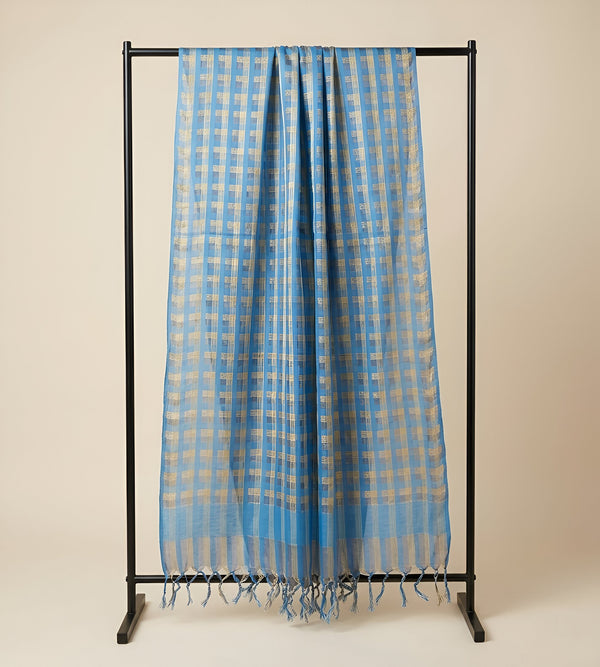 Blue Cotton Dupatta with Golden Stripe Weave & Tassel Border