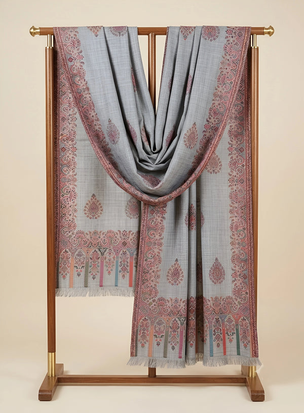 Noble Kani Woven Paisley Border Wool Blend Grey Stole