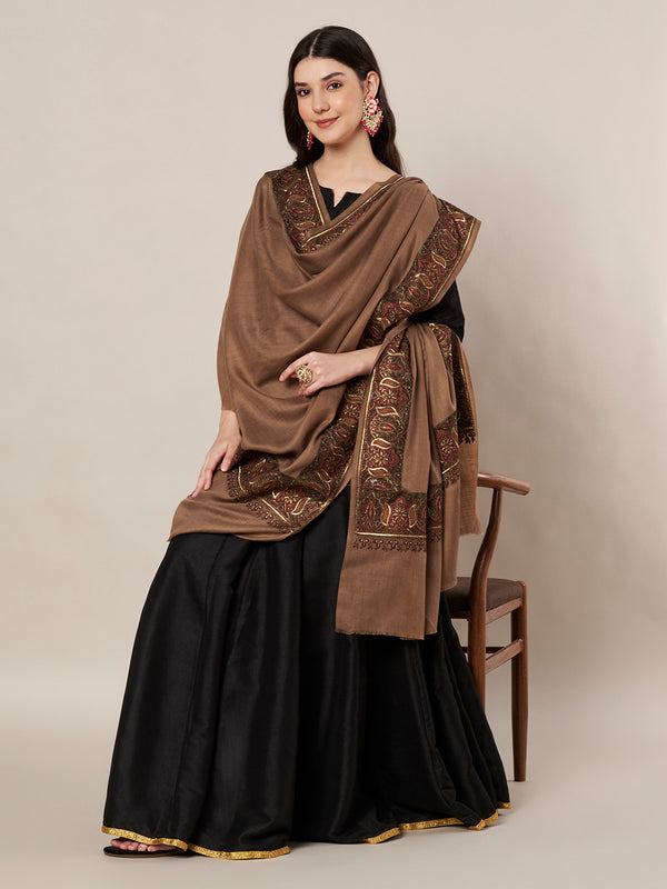 Woolen Women Shawl in Warm Mocha Brown with Intricate Traditional Embroidered Border (80 x 40 Inches)