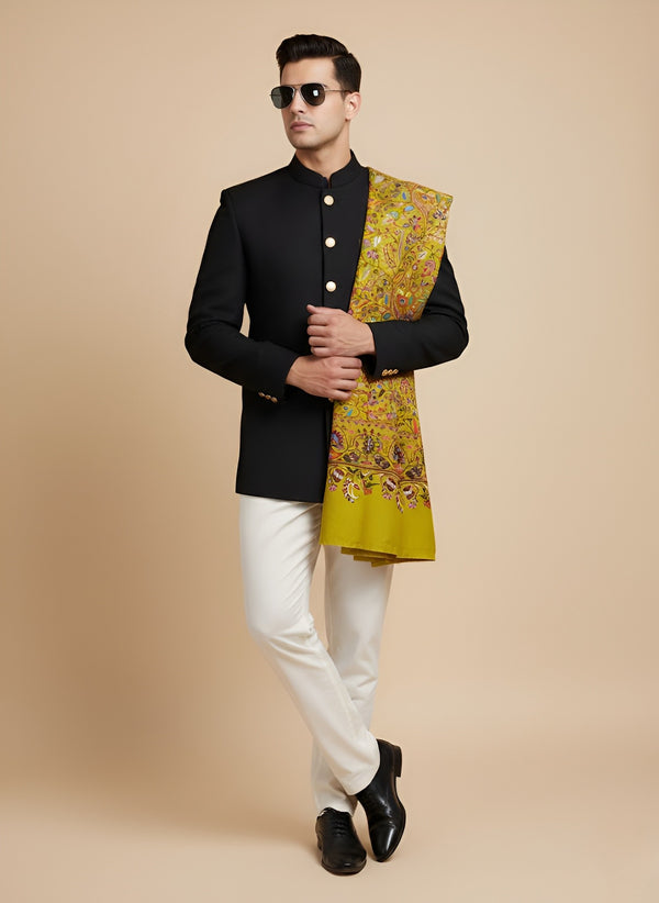 Printed Bamboo Silk Mens Shawl – Mustard Floral Classic Wrap (80 x 40 Inches)