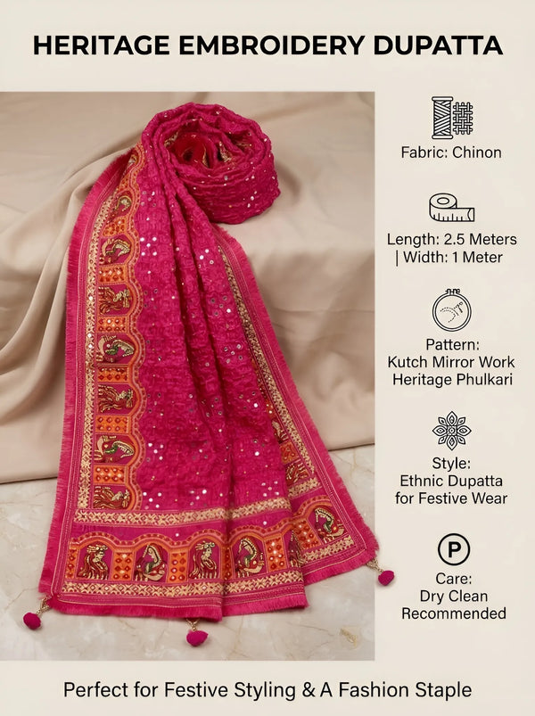 Heritage Kutch & Phulkari Heritage Art Mirror Work Embroidered Maroon Mens Dupatta with Ornate Border